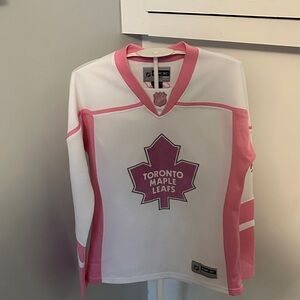 white and pink sparkle Toronto Maple Leafs hockey jersey, by Reebok size Small